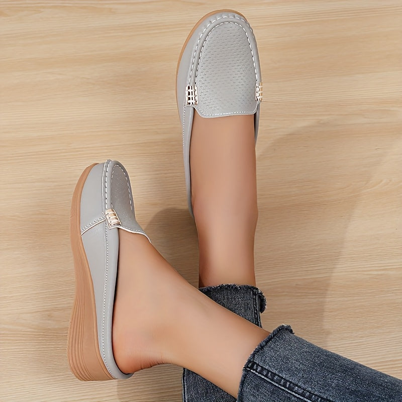 Women Slip-On Loafers Faux Leather Casual Shoes Golden Buckle All-Season