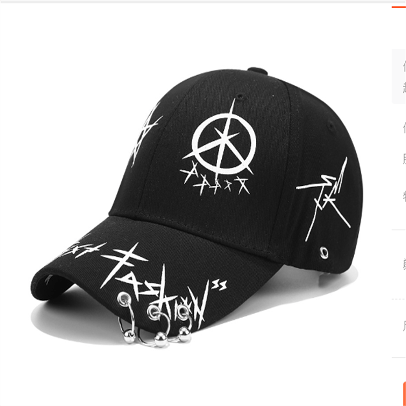 Qora va oq paxta hip-hop baseball shapka, temir halqa va tilla bezak bilan
