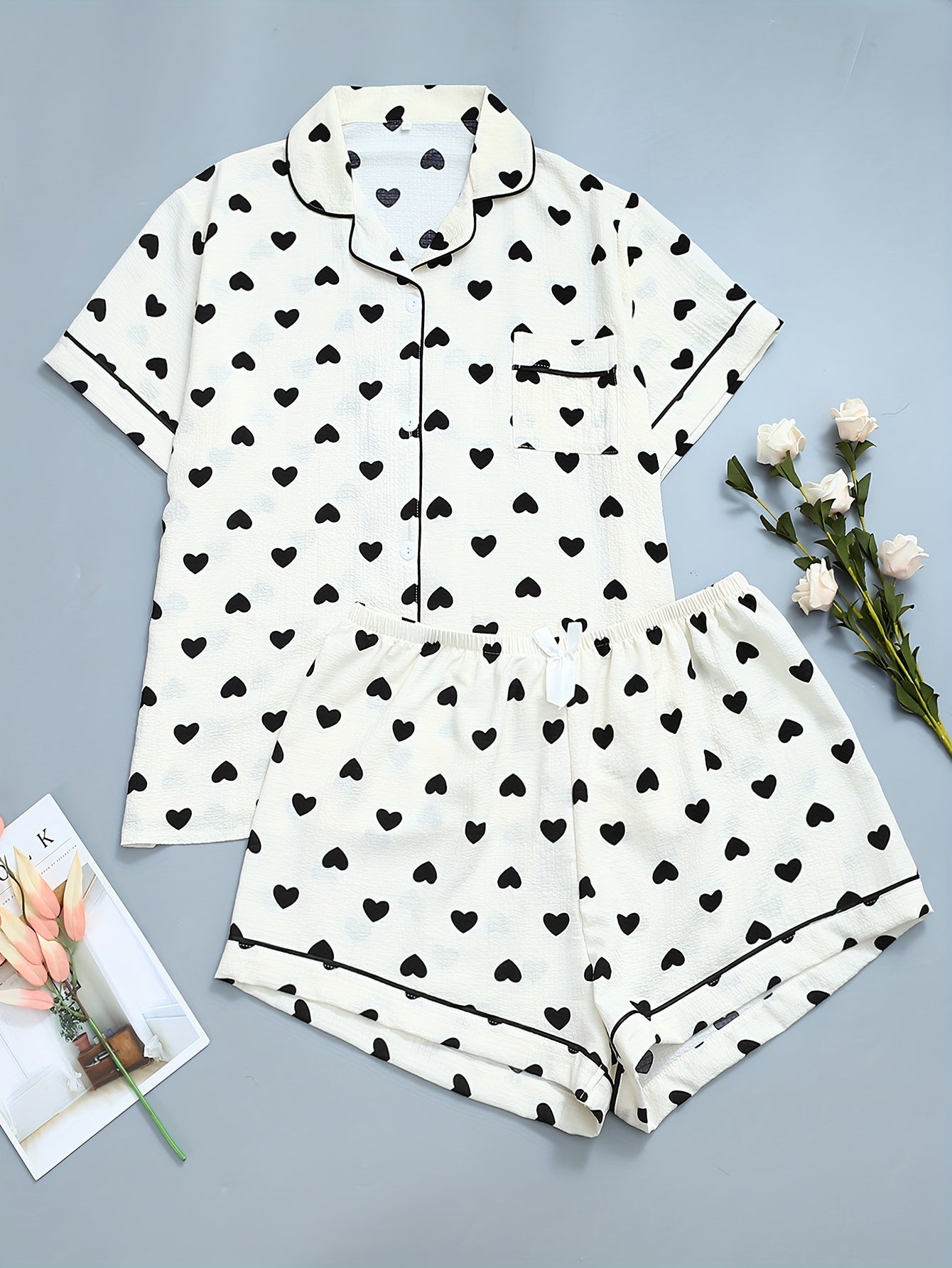 Women's Printed Cardigan Set with Turnover Collar and Short Sleeves