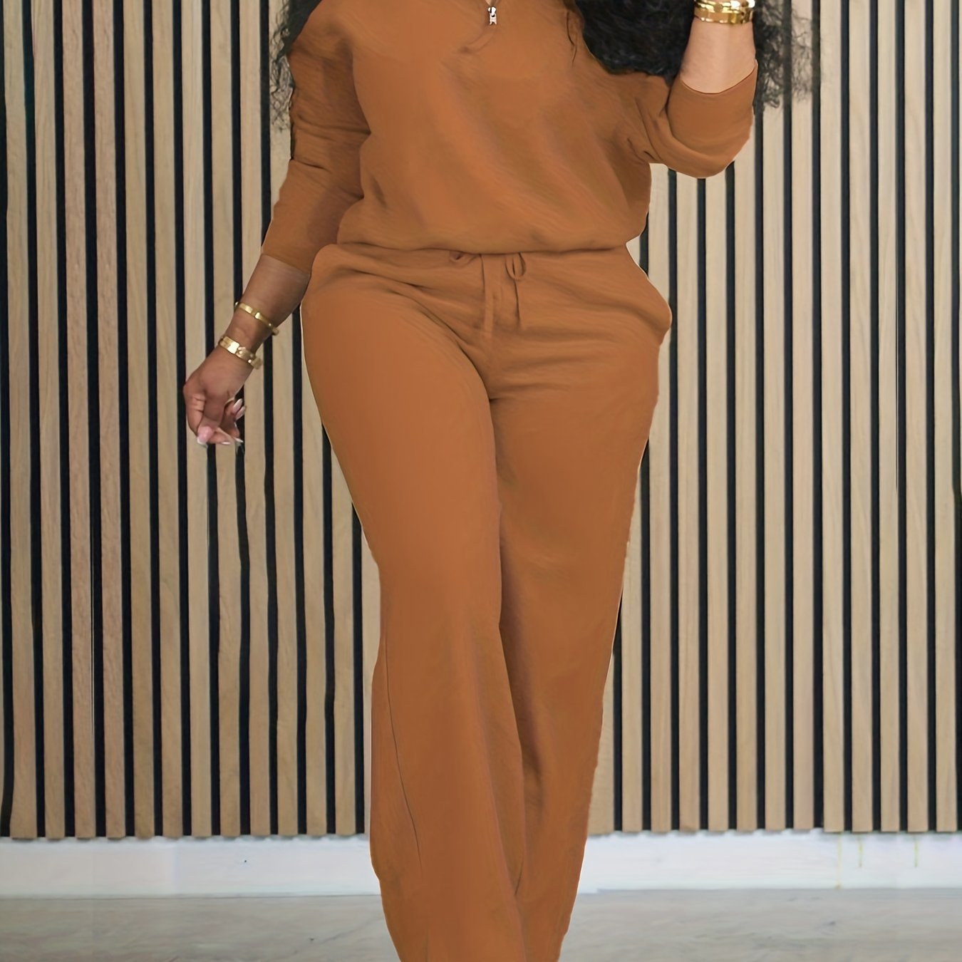 Women's Polyester Elastane Vacation Set Top and Bottom with Zipper and Stand Collar All-Season Casual Outfit