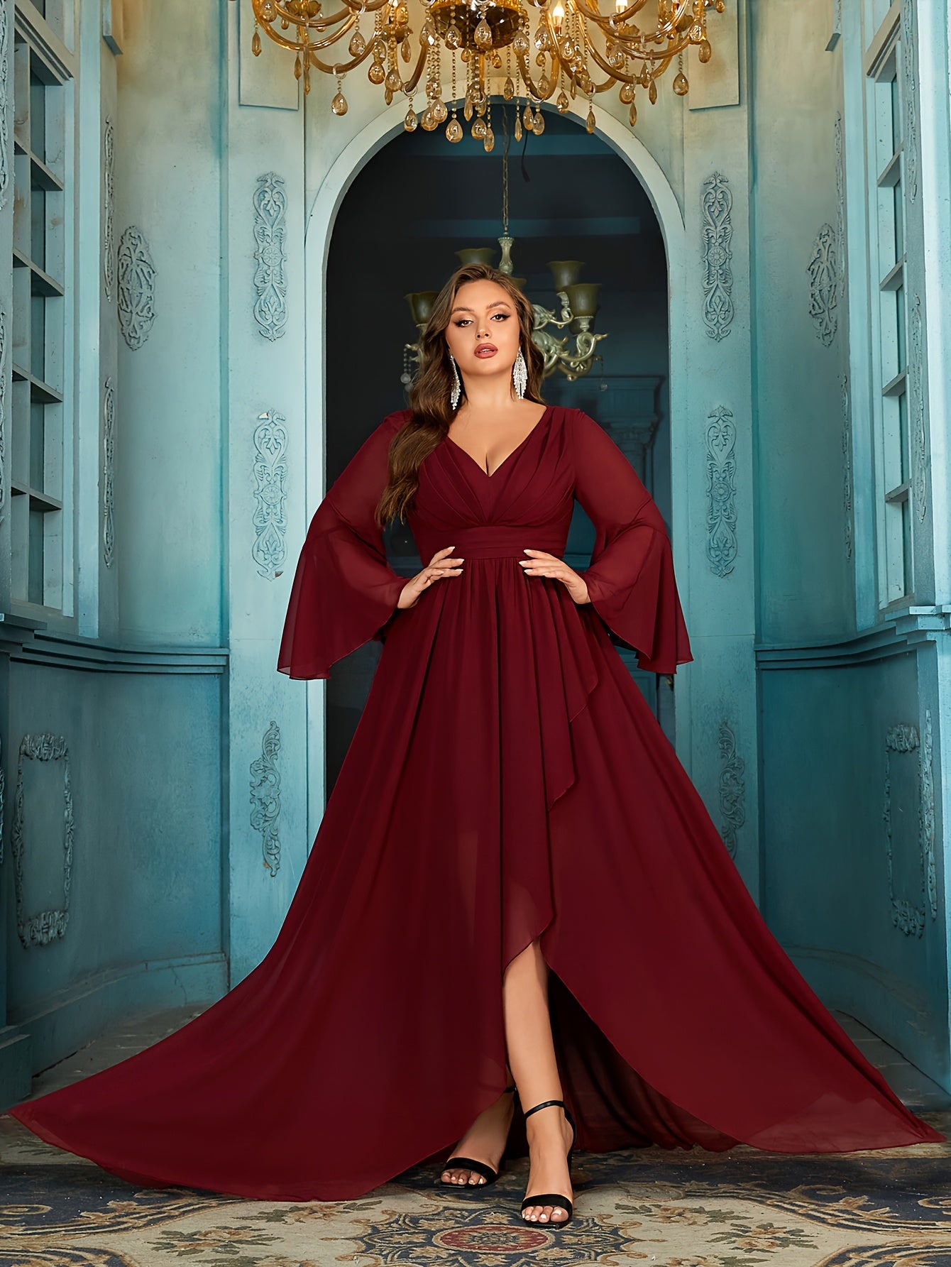 Plus Size Women's V-Neck Evening Gown Polyester Long Sleeve Solid Color
