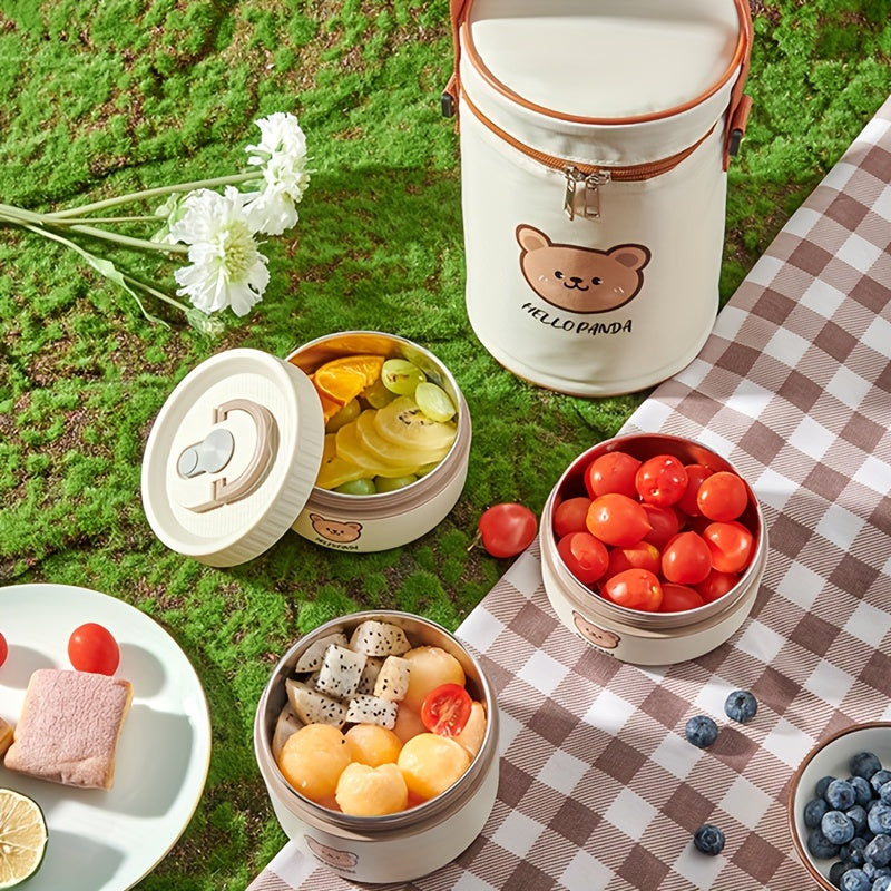 Stainless Steel Insulated Lunch Box with Microwave-Safe Soup Bowl, Bear Design