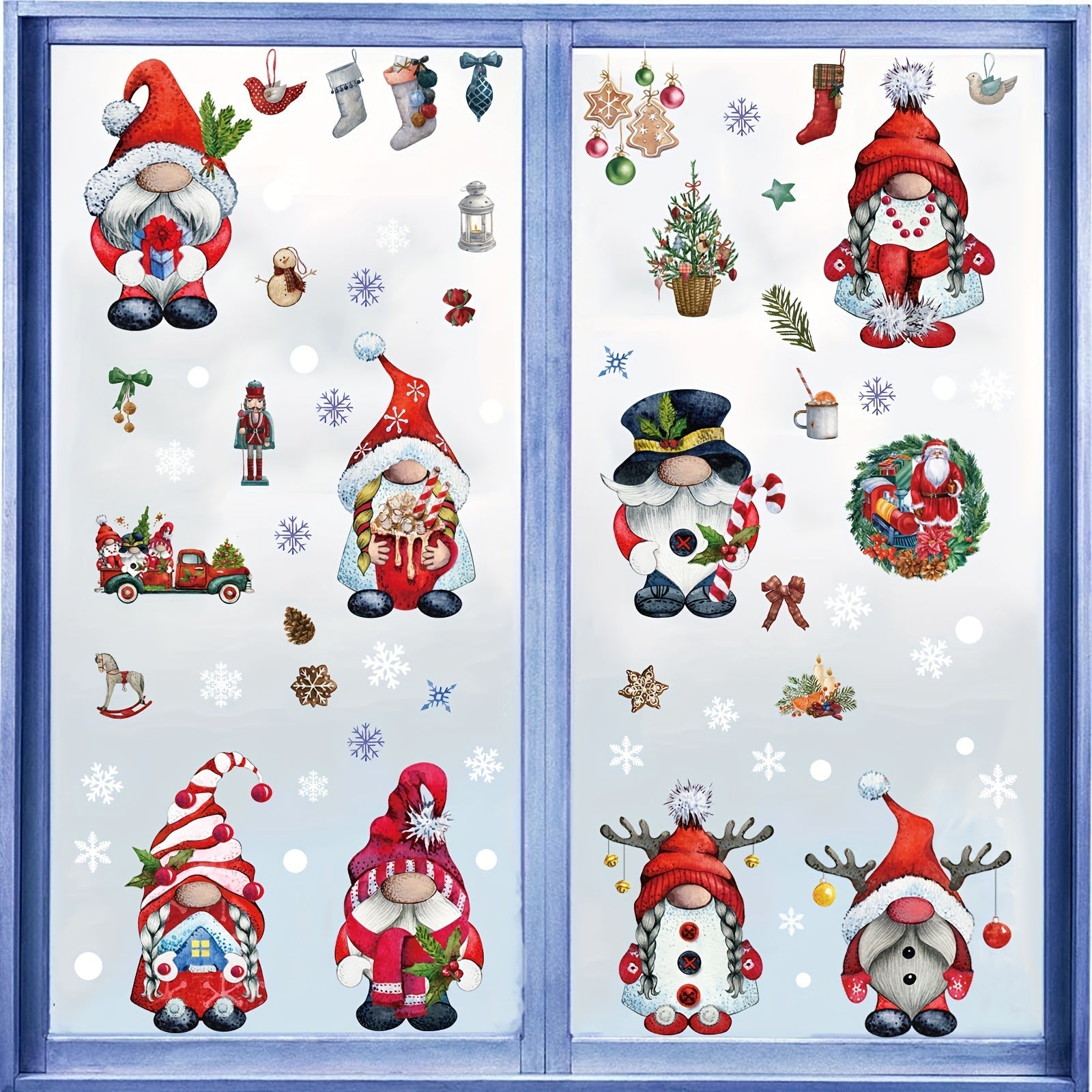 Set of 9 Christmas Gnome Window Clings Holiday Decor Festive Glass Decals
