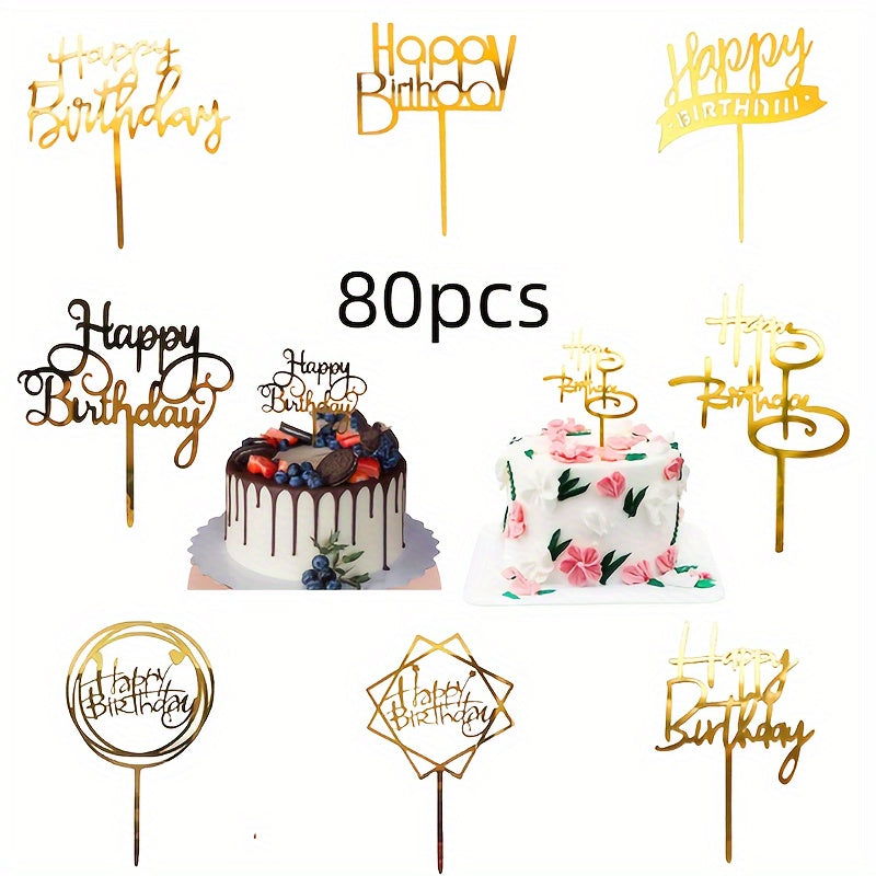 80-Piece Gold Acrylic Happy Birthday Cake Toppers Set Plastic Party Decor