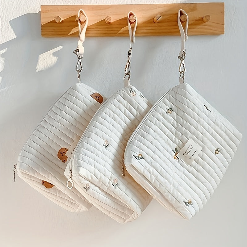 Cotton Diaper Bag with Zipper Embroidery Organizer Reusable Wet Dry Stroller Caddy