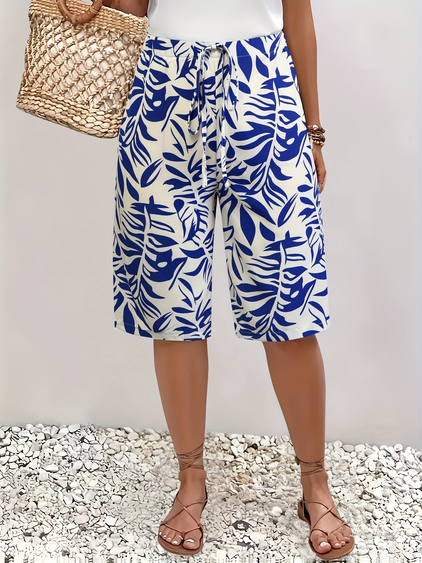Women's Plus Size Tropical Print Bermuda Shorts Lightweight Polyester Blue White Leaf Pattern Summer Beach Casual