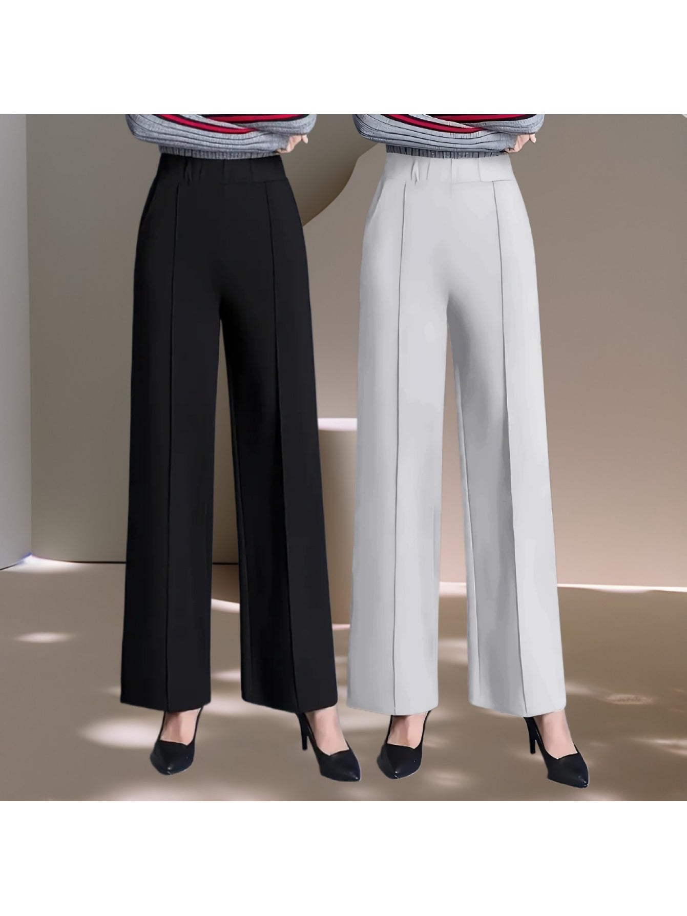 Women's Solid Color Wide Leg Casual Pants with Slanted Pockets 2-Pack