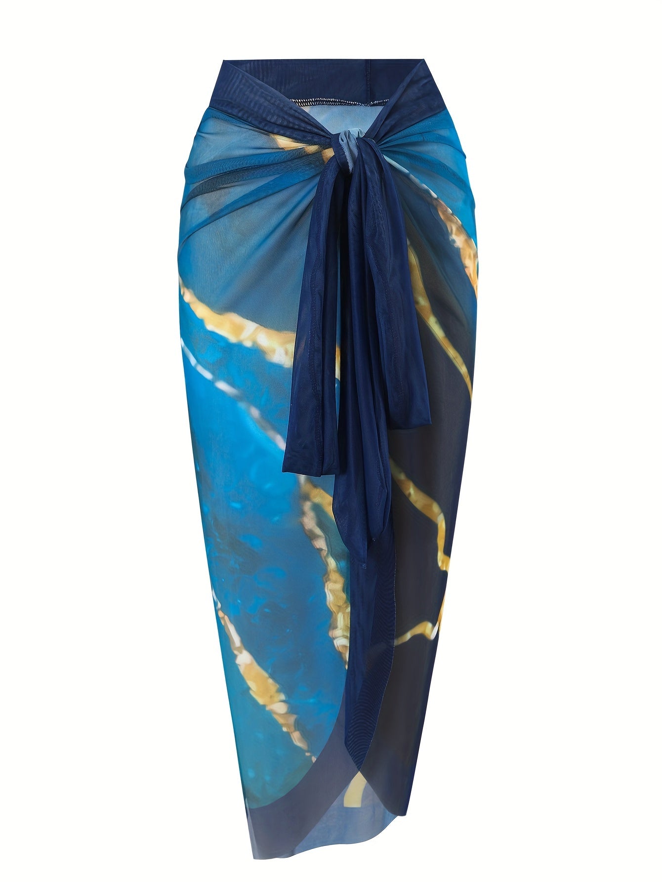 Ayollar uchun V-shaklidagi bir parcha va yopishqoq sarong yubka bilan bezatilgan, zamonaviy 2-qismli marmar naqshli suzish kostyumi to'plami.