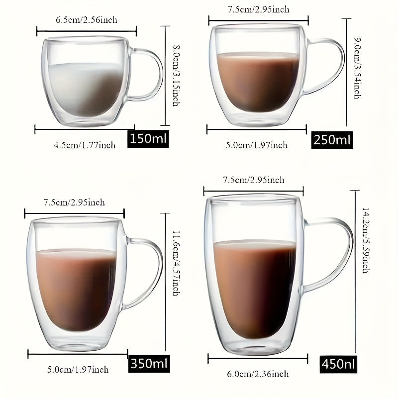 Ikki devorli yuqori borosilikat shisha chashka - Choy, Qahva, Sut va Sharbati uchun mukammal | Uy yoki ofis uchun ajoyib sovg'a | Qulay tutqichi bo'lgan mustahkam ichimlik idishlari, 1 dona to'plami | Issiqlikka chidamli ergonomik tutqichli chashka