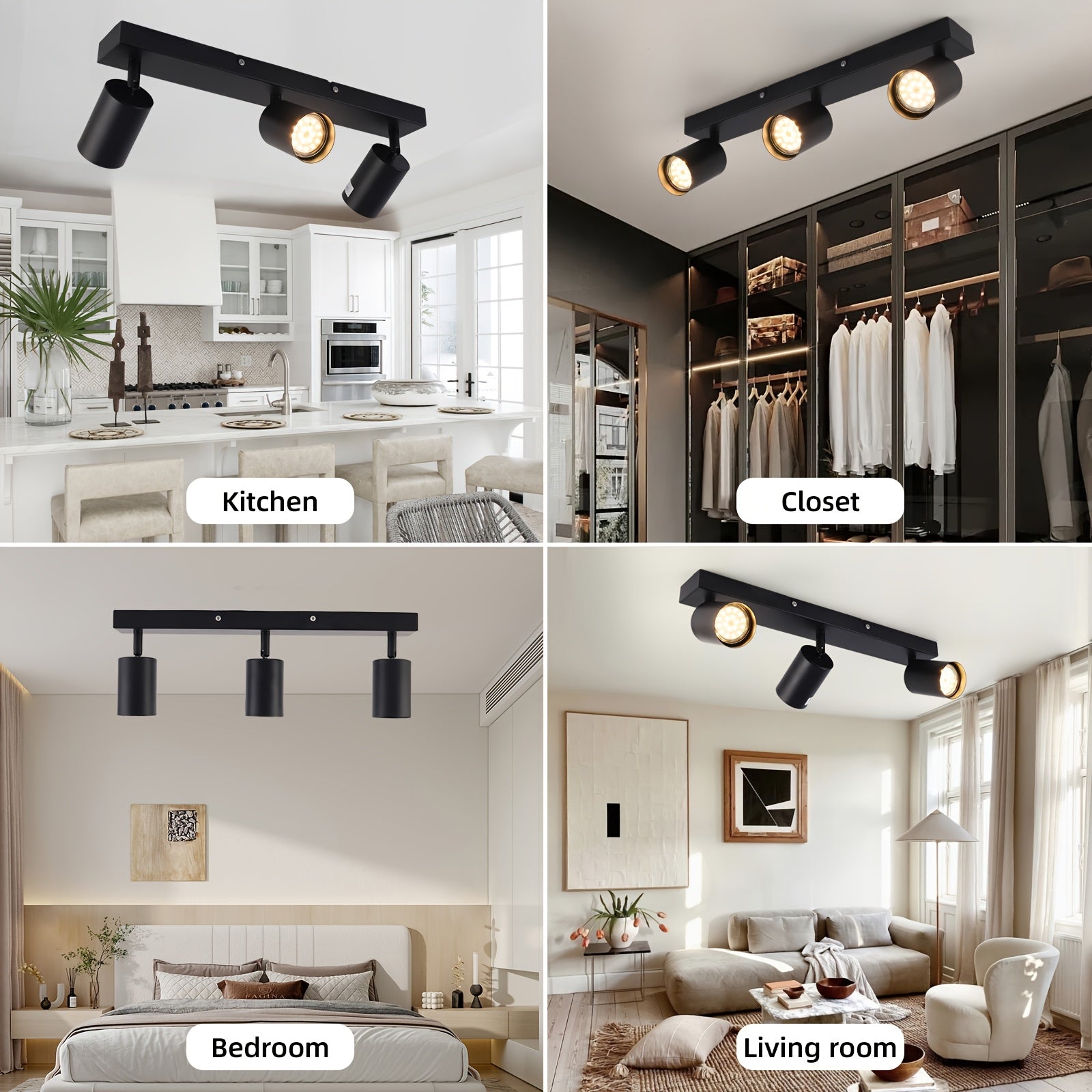 Modern Black LED Ceiling Spotlight with 350° Swivel 3-Bulb GU10 Wall Light