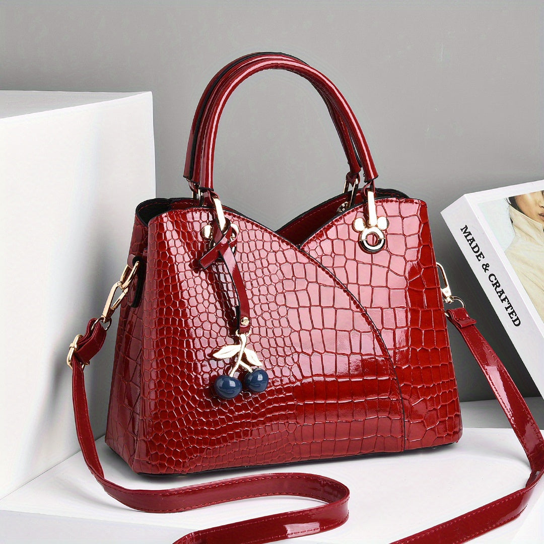 Crocodile Embossed Tote Bag with Cherry Pendant PU Checkered Zipper Closure