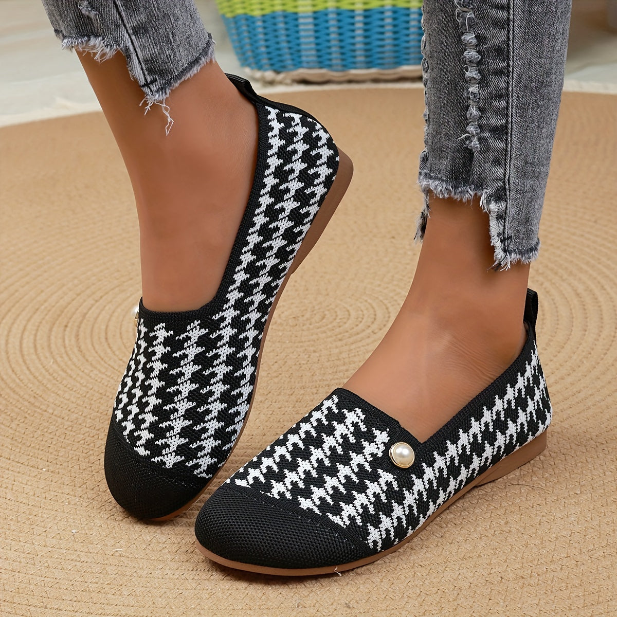 Women's Houndstooth Slip-On Flats Breathable Fabric All-Season Shoes