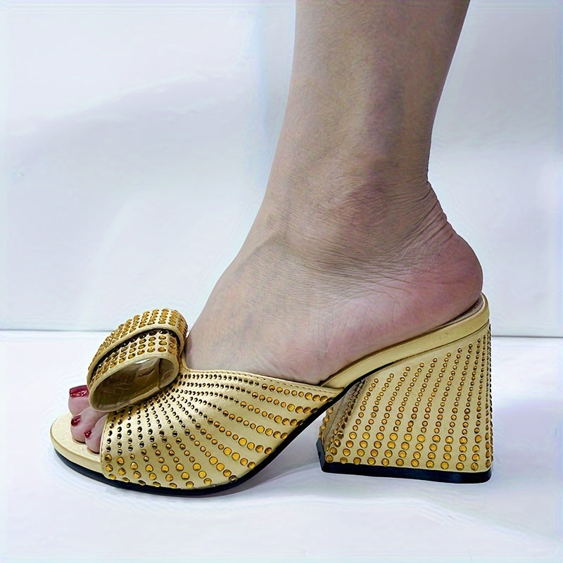 Women's Rhinestone-Embellished Chunky Heel Sandals with Bowknot for Summer Parties