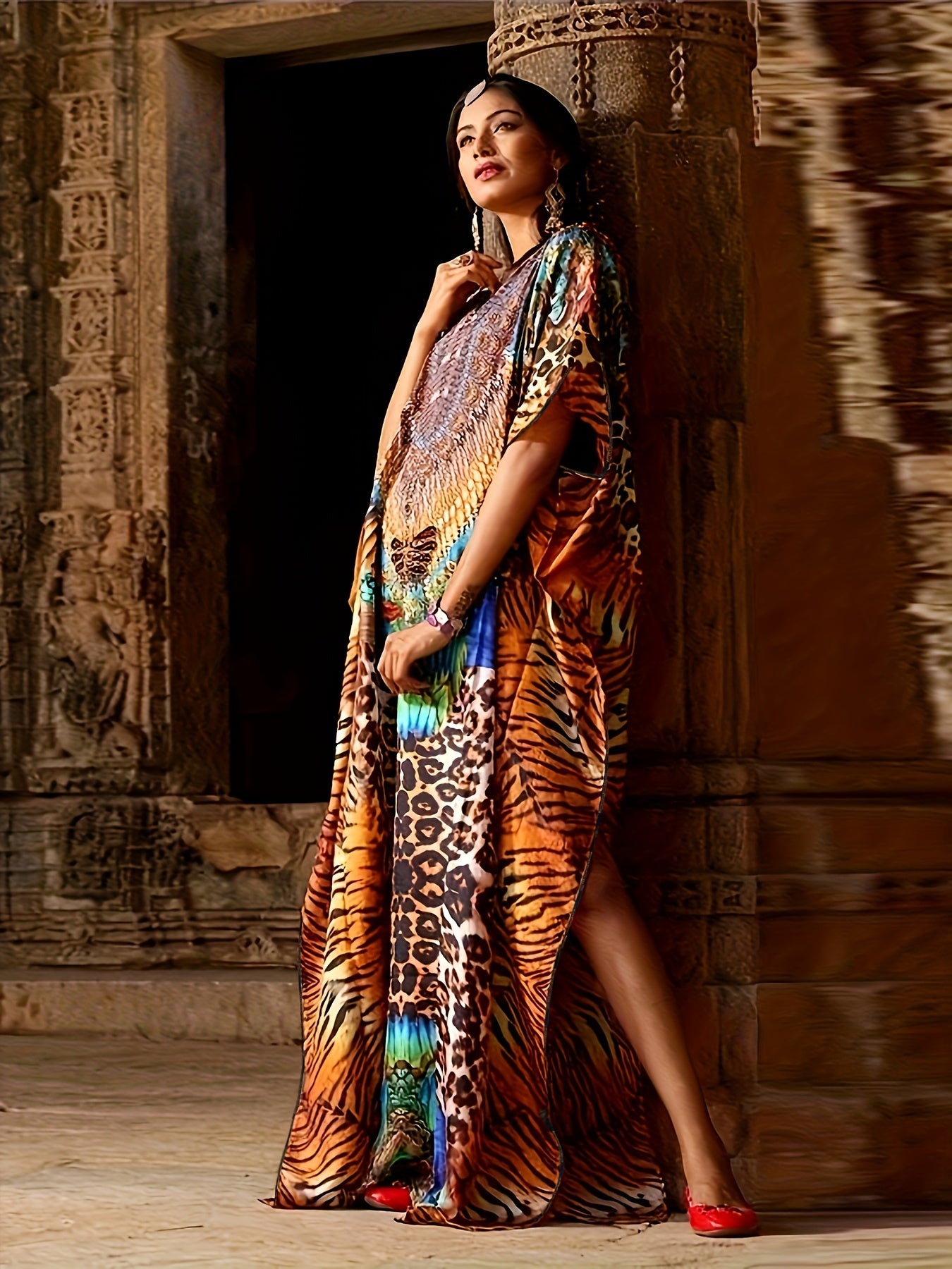 Plus o'lchamli maxi kaftan kiyi V-shakli bo'yin Batwing qo'lqopli abaya Islom kiyimi