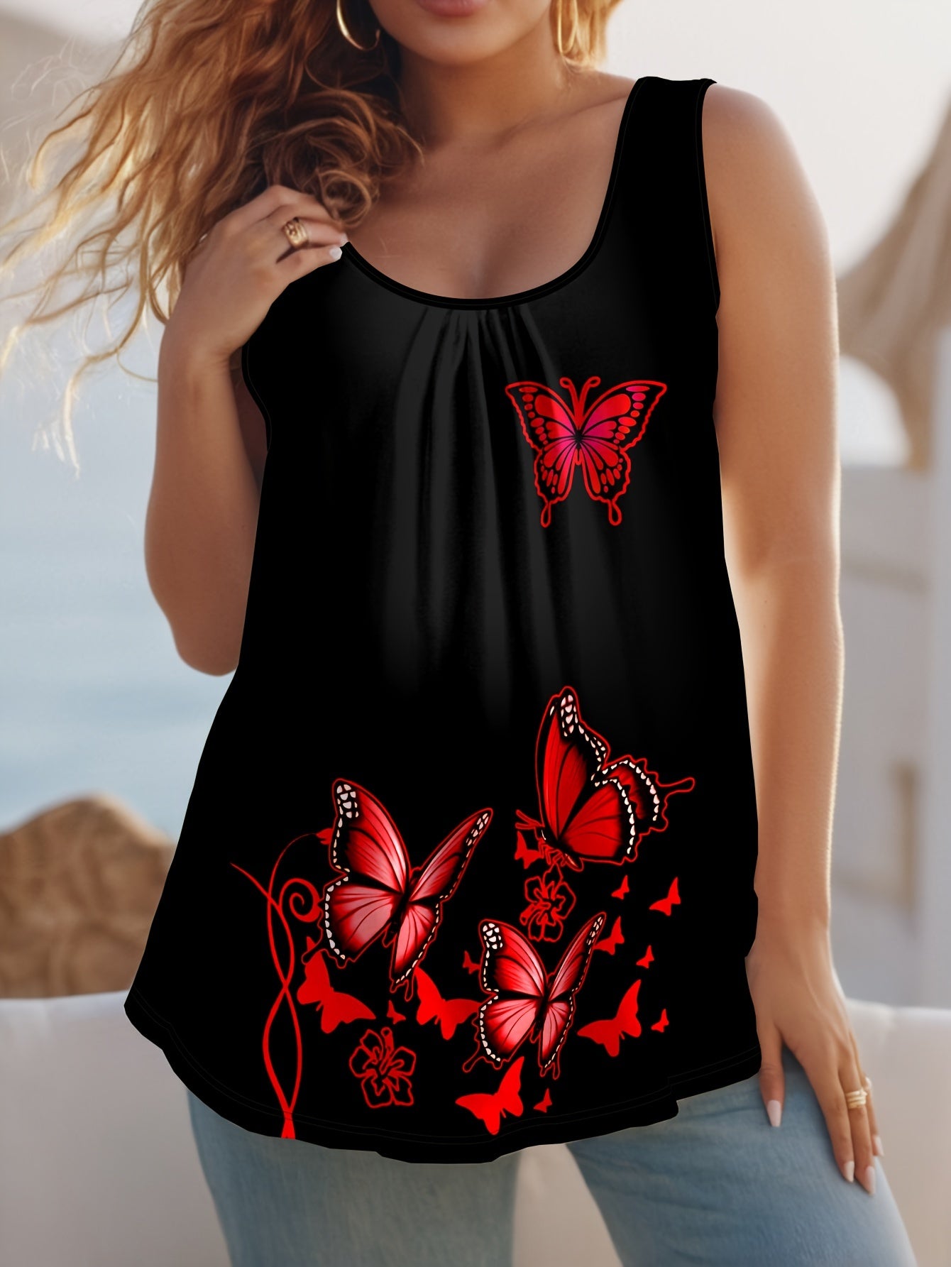 Top sin mangas de talla grande para mujer, negro, con estampado de mariposas y flores en 3D, casual para verano