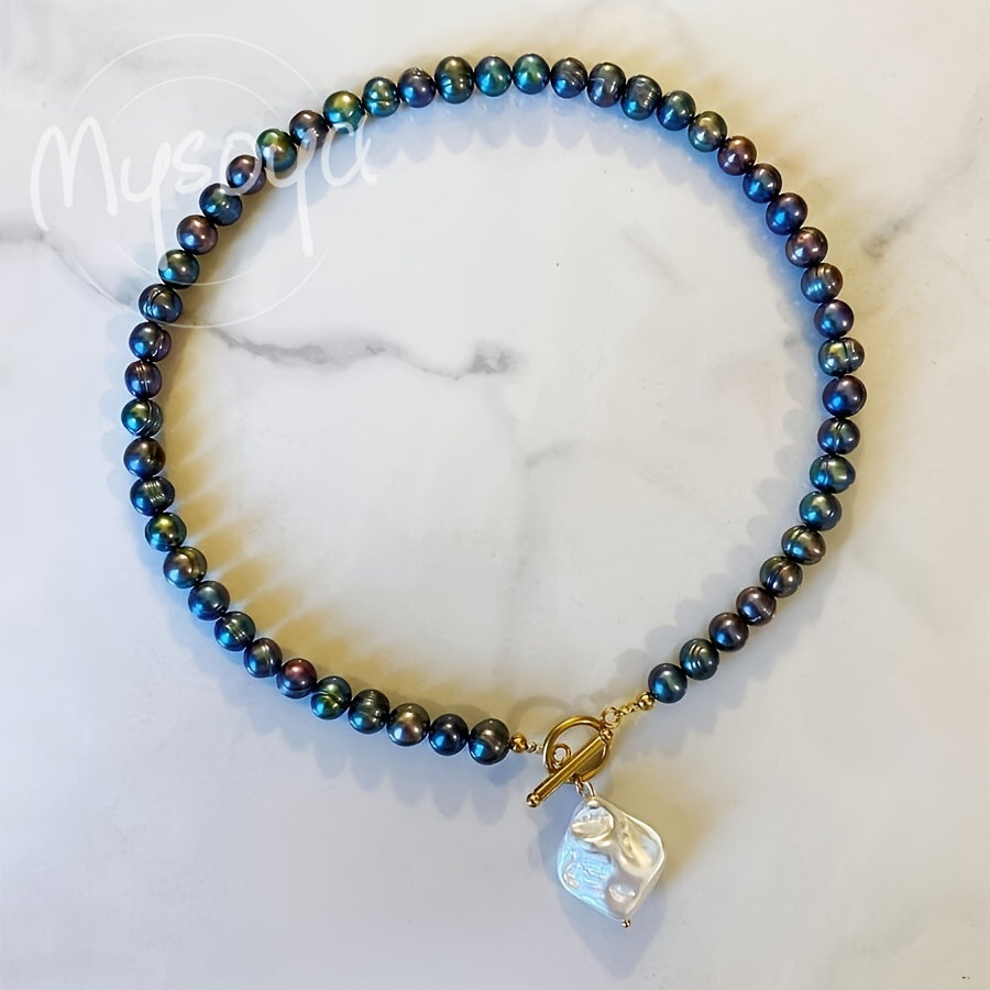 MYSOYA Vintage Elegant Baroque Qora Shirin Suv Marvarid Pendanti Zanjir 8-9mm, Tabiiy Iyul Tug'ilgan Kuni To'pi, Qo'lda Yasalgan, U uchun Ideal Sovg'a, Har Kunlik Kiymak Uchun Mos, Maxsus Tadbirlar va Bayramlar Uchun, Sovg'a Qutisi Bilan Birga Keltiriladi