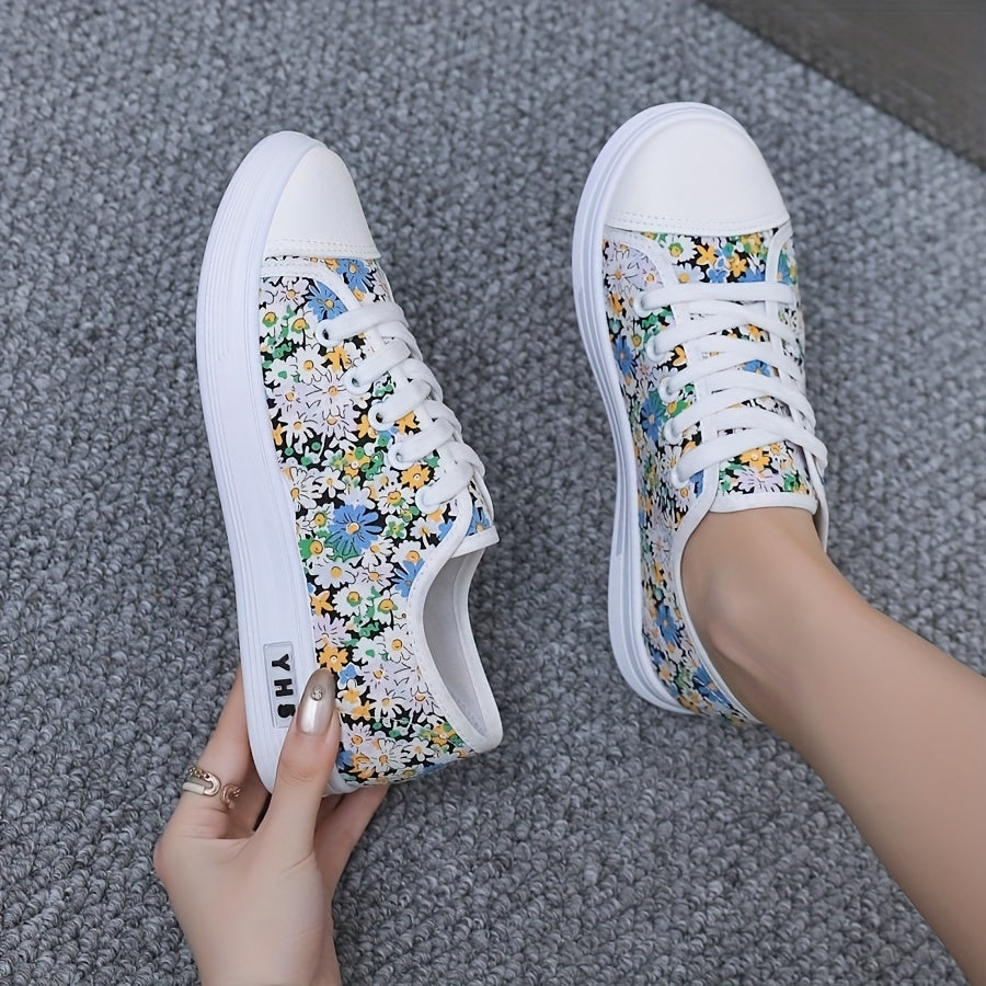 Women’s Floral Sneakers Low-Top Casual Shoes Breathable Fabric White Cherry Blossom