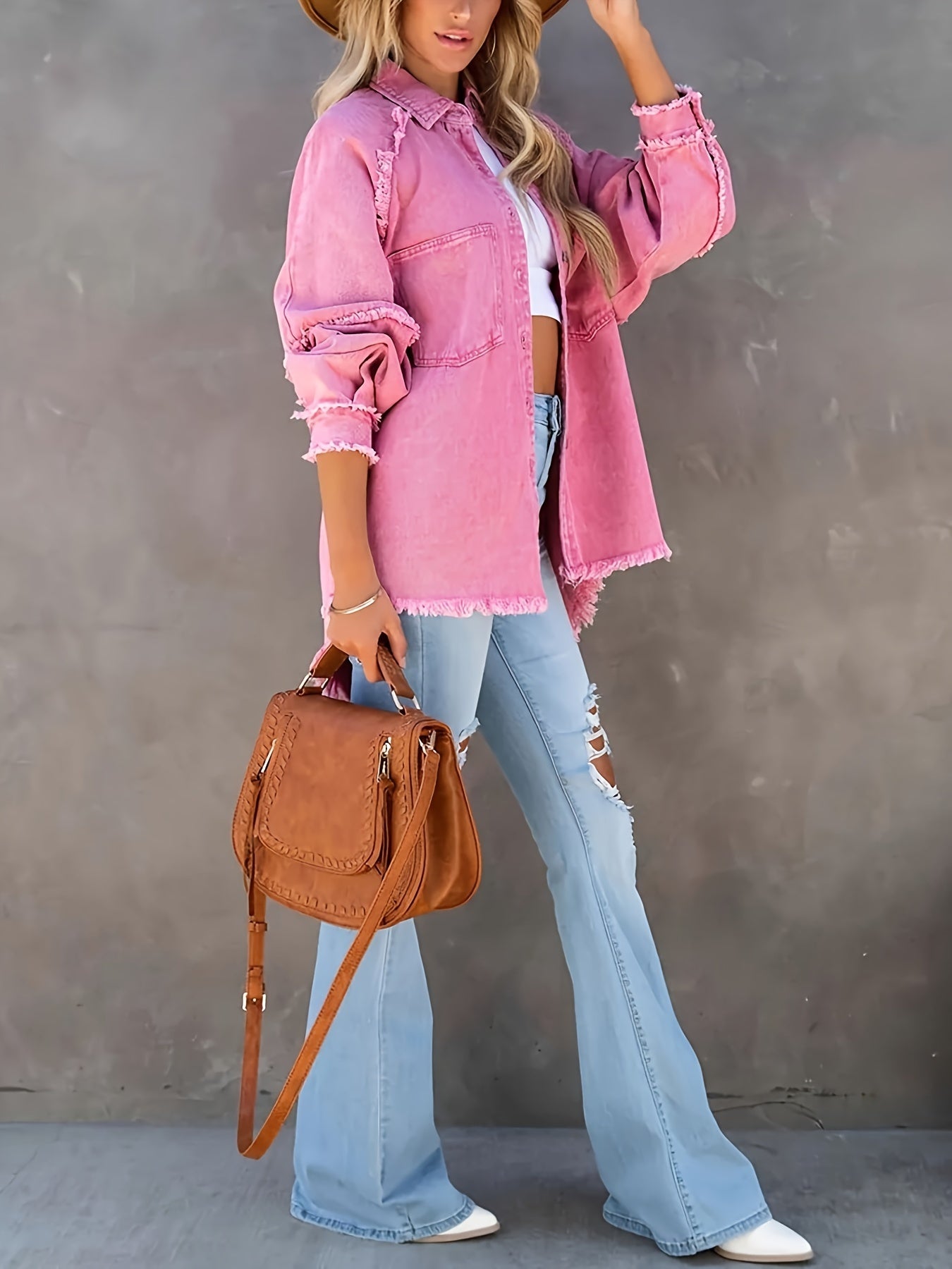 Plus Size Women's Denim Jacket Orange Oversized Frayed Hem Ripped Details Fall Winter