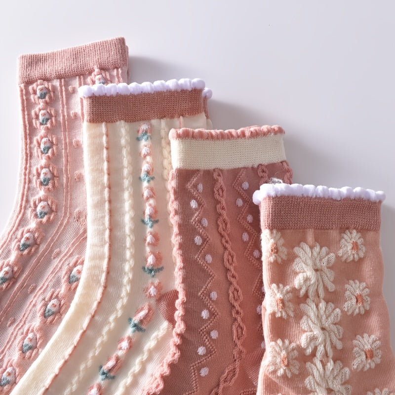 Women’s Floral Knit Knee-High Socks Set of Six Lightweight Comfortable Crew Stockings