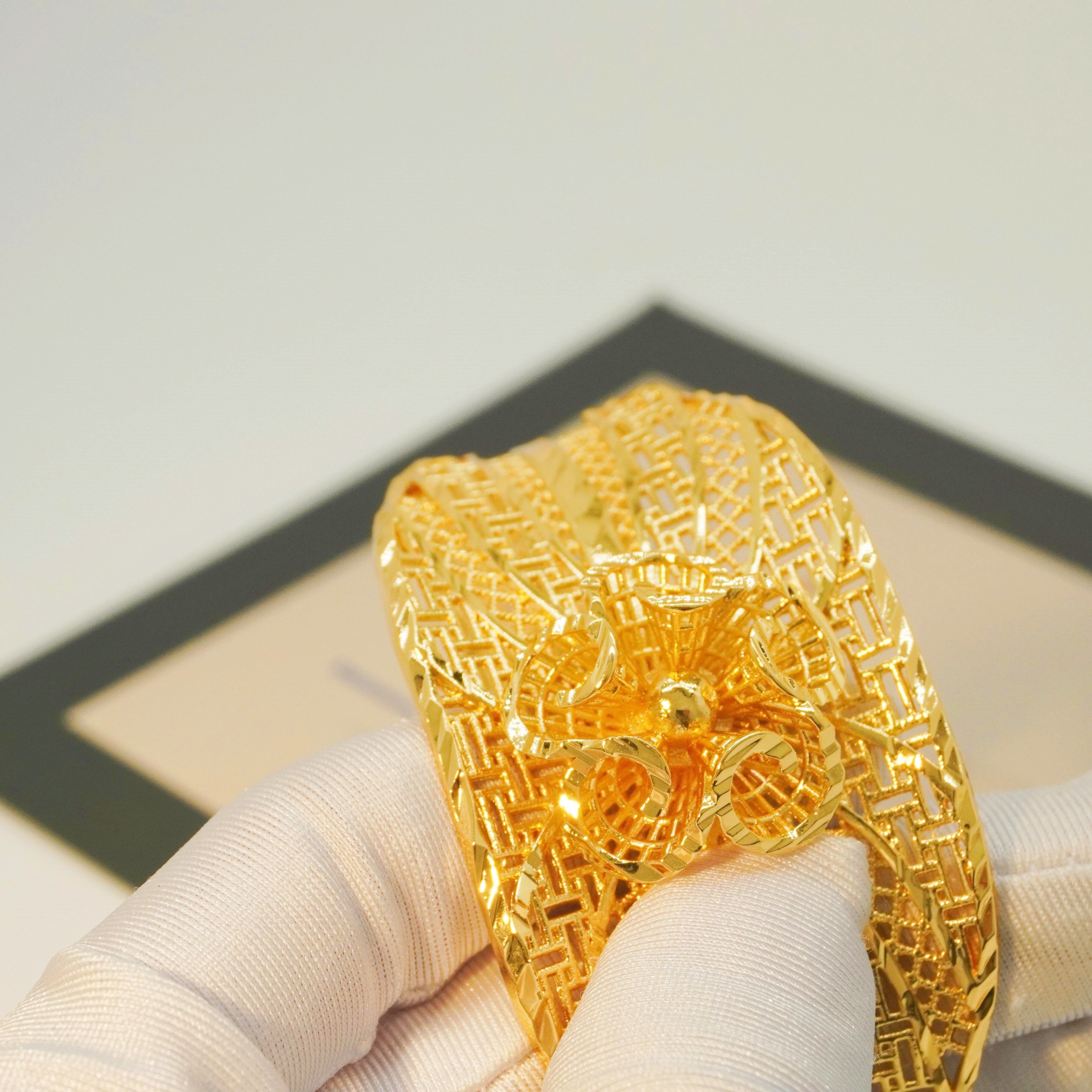 Gold Flower Pattern Wide Bracelet for Weddings and Engagements