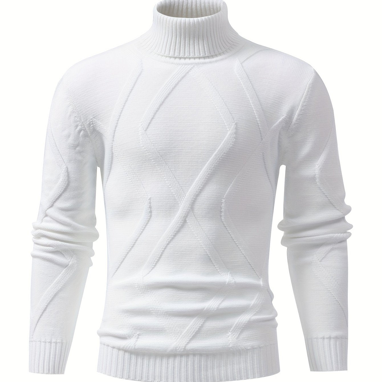 Men's Knit Turtleneck Sweater with Geometric Pattern and High Stretch Fabric