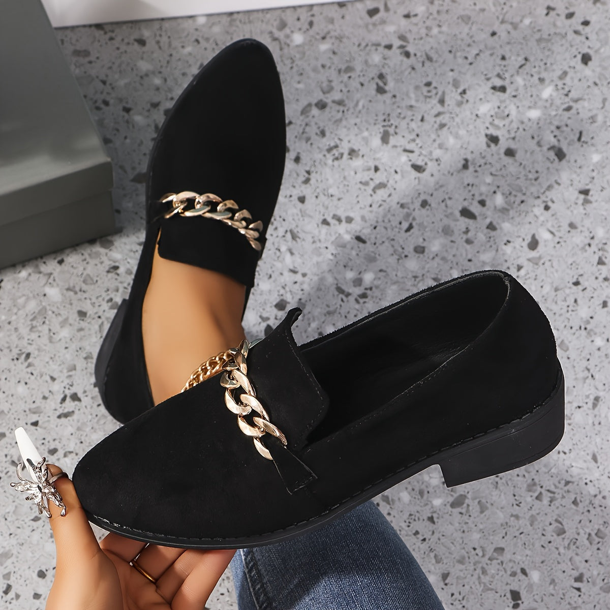 Women's Pointed Toe Flats with Gold Chain, Black Synthetic, Casual Shoes