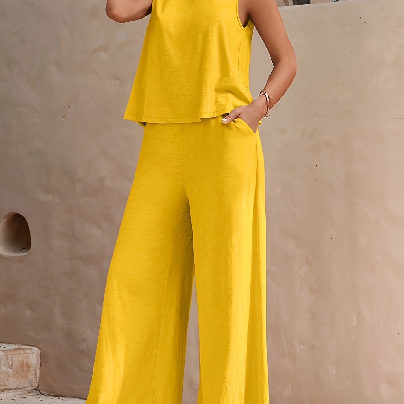 Women's Two-Piece Outfit Set Sleeveless Tank Top Wide Leg Pants Solid Polyester Spring Summer