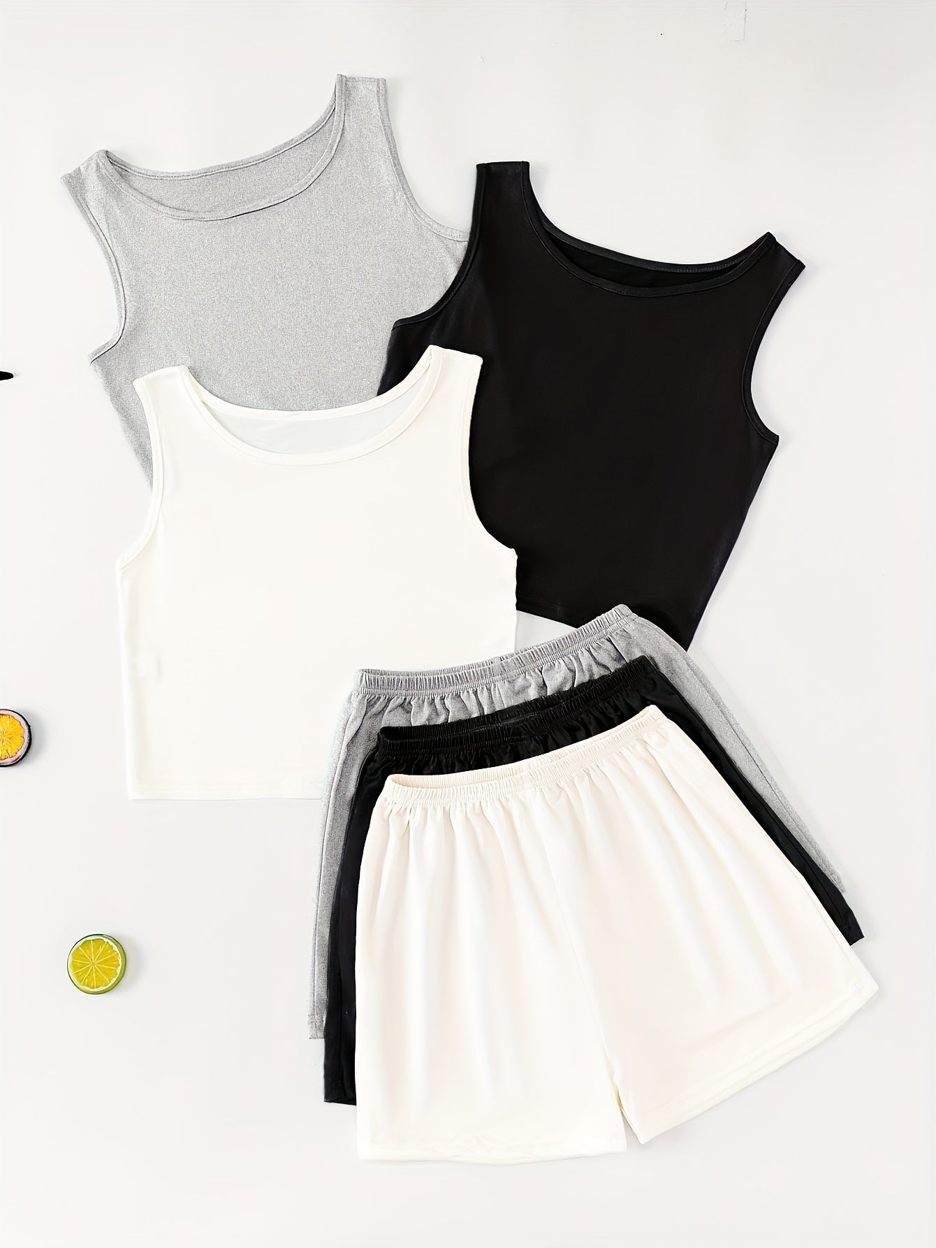 Conjunto de verano para mujer de 3 piezas, poliéster sólido, sin mangas, cuello redondo, ropa de dormir casual