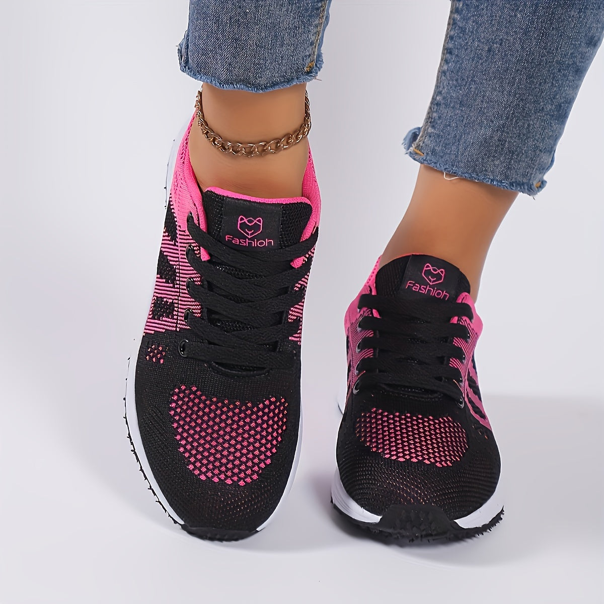 Zapatillas de plataforma transpirables para mujer, negras con rayas rosas, zapatillas ligeras para correr