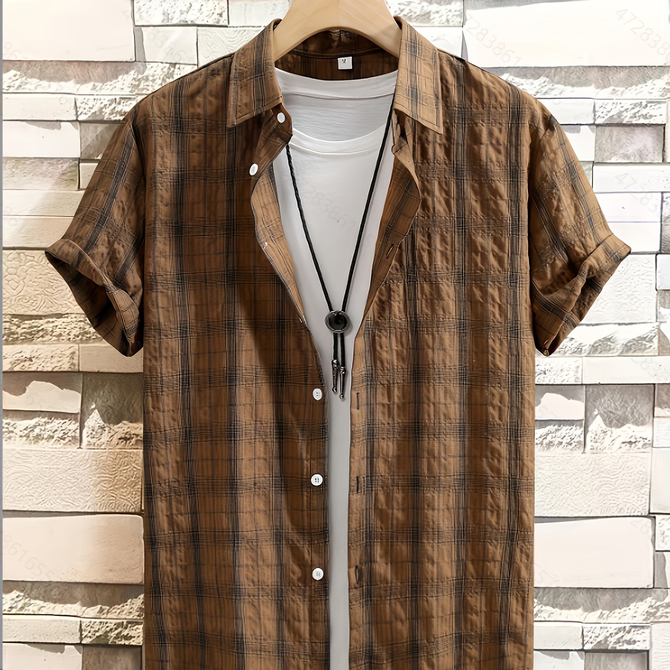 Men's Summer Casual Plaid Shirt Short Sleeve Lapel Cotton Polyester Rayon Regular Fit
