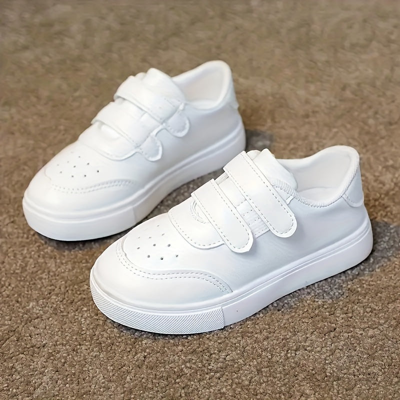 Kids White Low-Top Casual Sneakers with Elastic Fastener Straps Breathable Fabric Rubber Sole