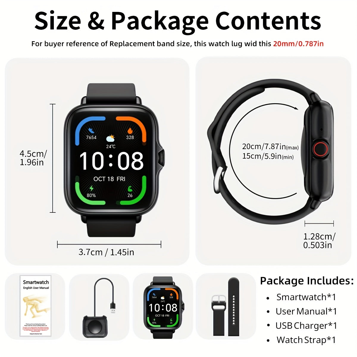 Sports Smart Watch for Men Women 4.65cm Full Touch Screen Sleep Monitoring Pedometer Compatible with iPhone Android