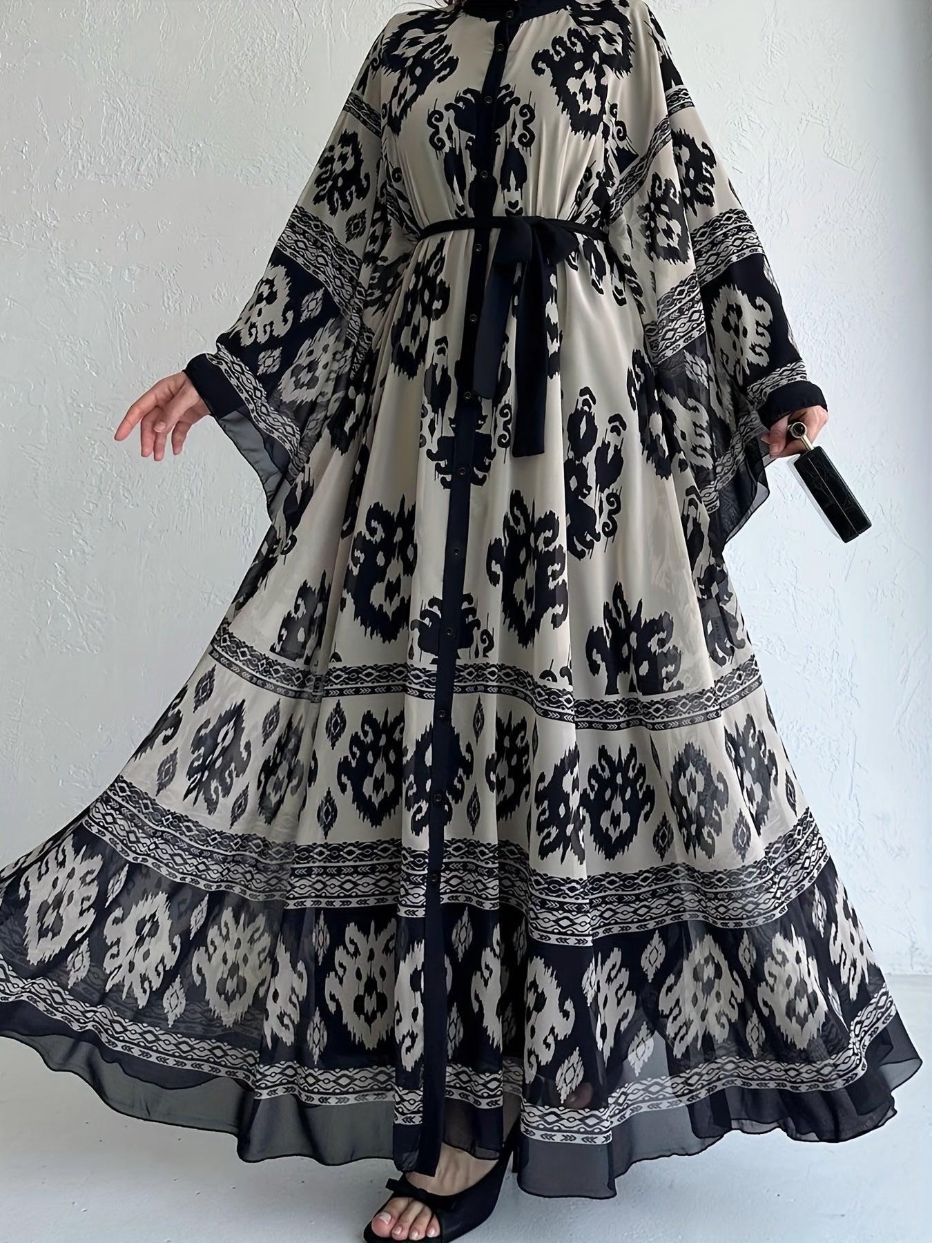 Allover Print Belted Maxi Dress with Bell Sleeves and Pleats for Spring Fall Women