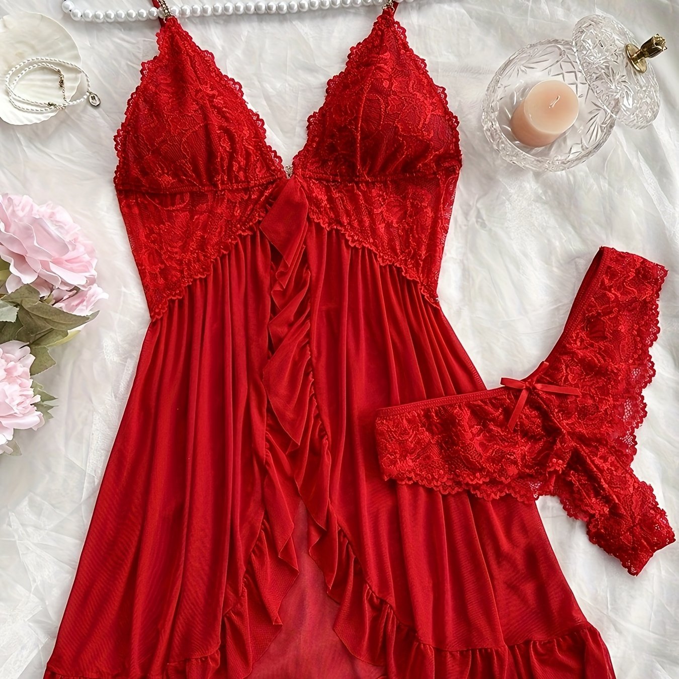 Women's Lace Slip Dress Pajama Set with V-Neck Backless Ruffle Hem and Shorts All-Season Breathable Polyester Blend
