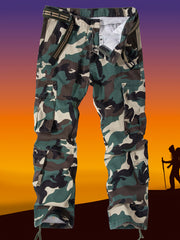 Pantalones cargo de talla grande para hombre con estampado de camuflaje, múltiples bolsillos y cintura con cordón en camuflaje verde militar