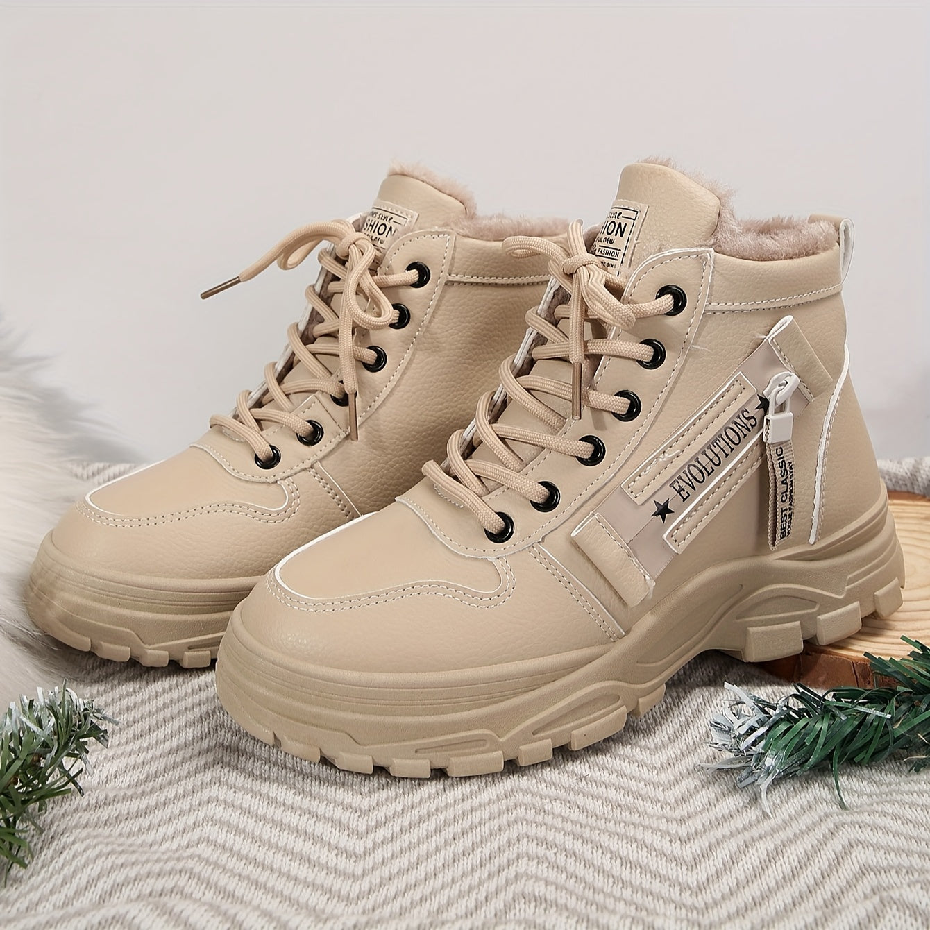 Women's Fleece-Lined Winter Boots High-Top Lace-Up Sneakers Black Beige White