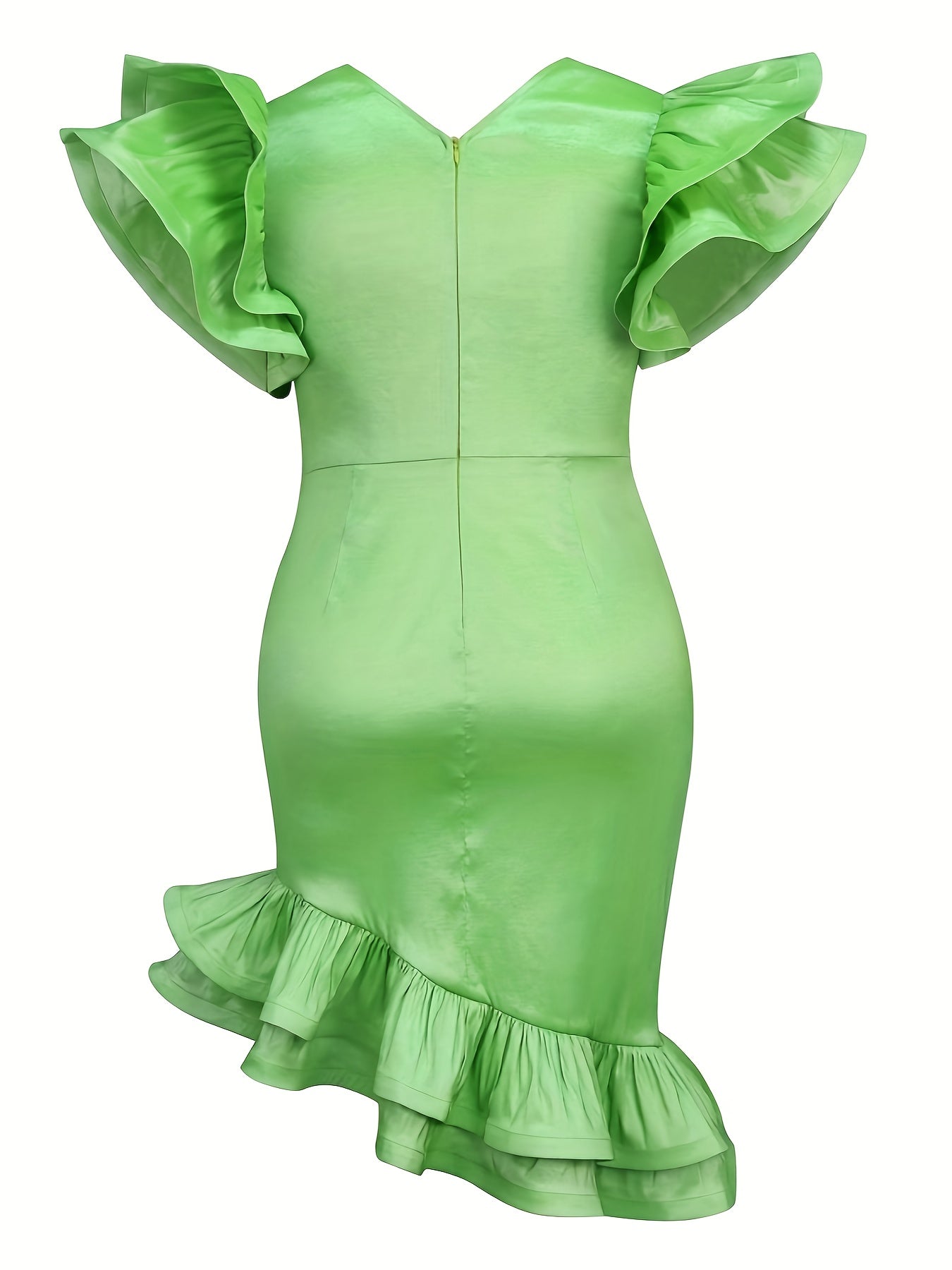 Women's Emerald Green Bodycon Dress V-Neck Ruffle Sleeves Adjustable Belt