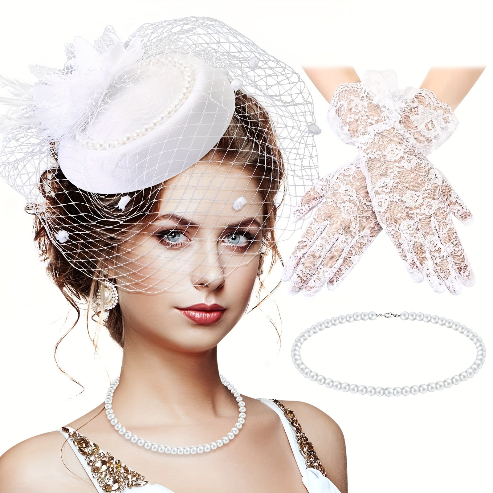 Women's Fascinator Hat Set with Veil Feather and Pearl Necklace