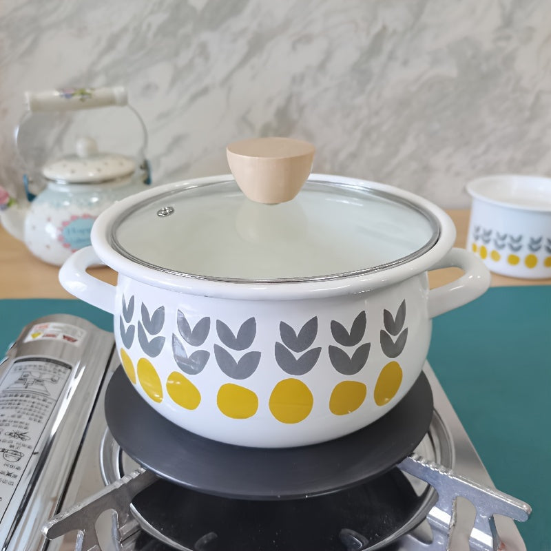 Retro ilhomlangan emal pech: Oq rangda sariq va kulrang dizaynlar bilan vintage ko'rinish, pechda pishirish uchun ideal.