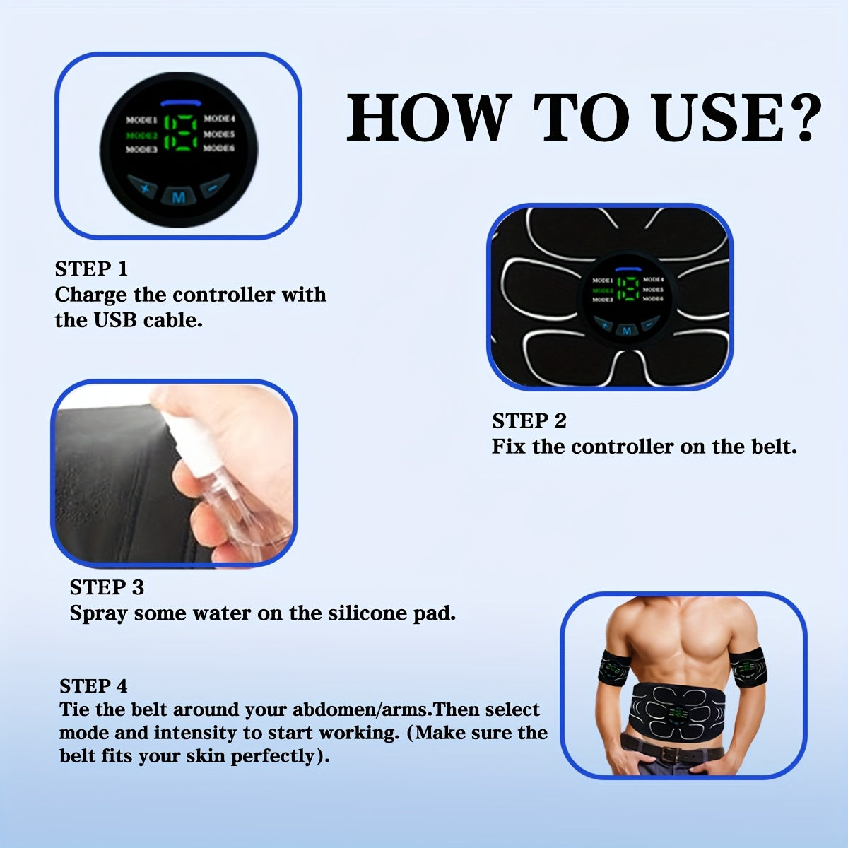 USB Charging EMS Abdominal Massage Belt with 6 Modes 18 Intensities 15-Minute Timer
