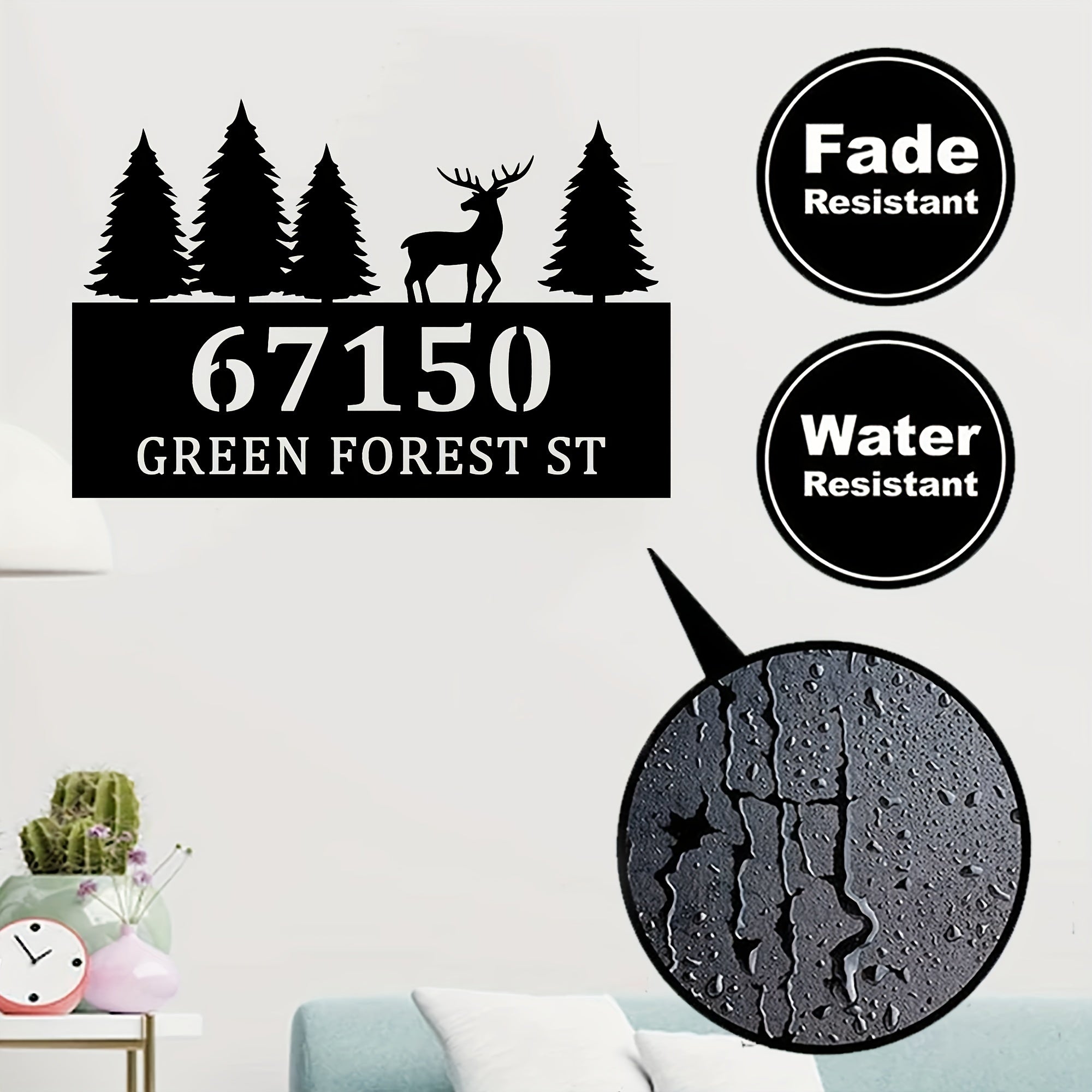 Metal House Number Sign with Forest and Deer Silhouette Waterproof Wall Art for Outdoor Entryway