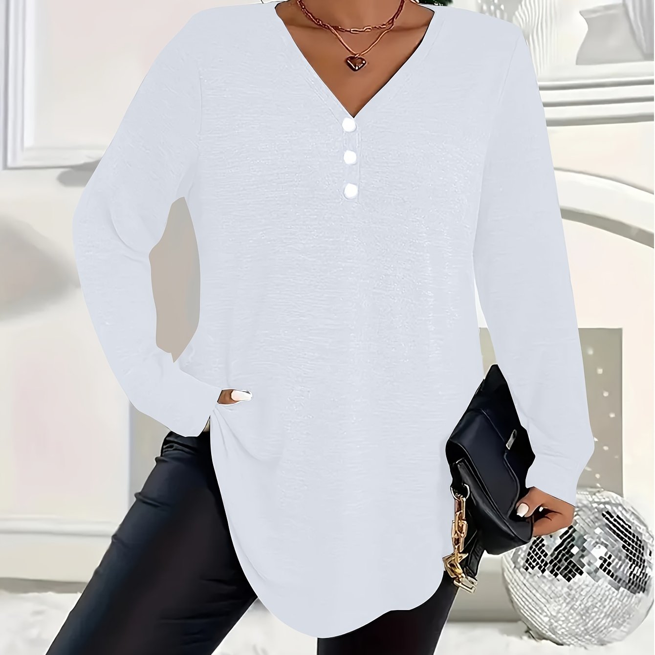 Women's Plus Size V-Neck Long Sleeve Top Polyester Knit Solid Color Fall Winter