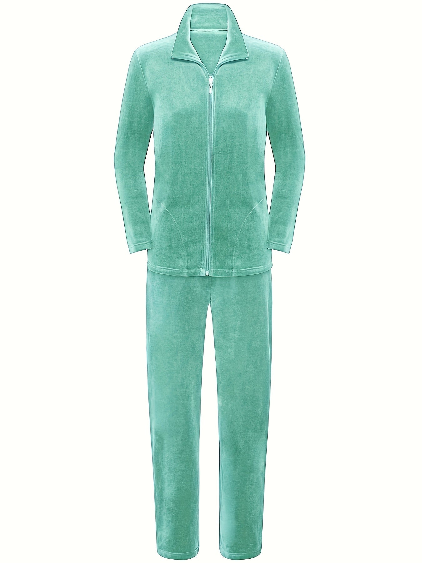 Plus Size Women's Knit Jacket and Pants Set with Turnover Collar Zipper Closure