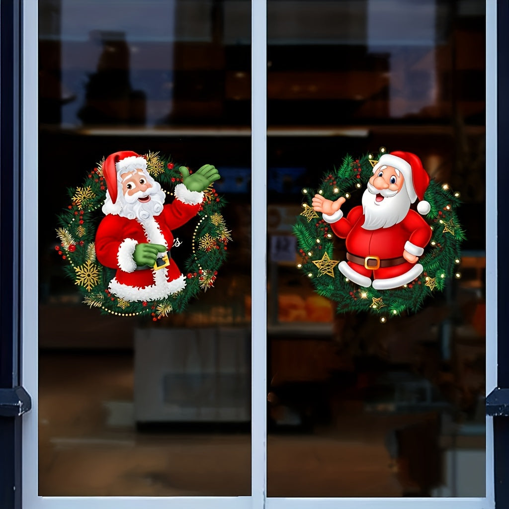 Set of 2 Christmas Glass Window Stickers Santa Claus Pattern Removable Decor