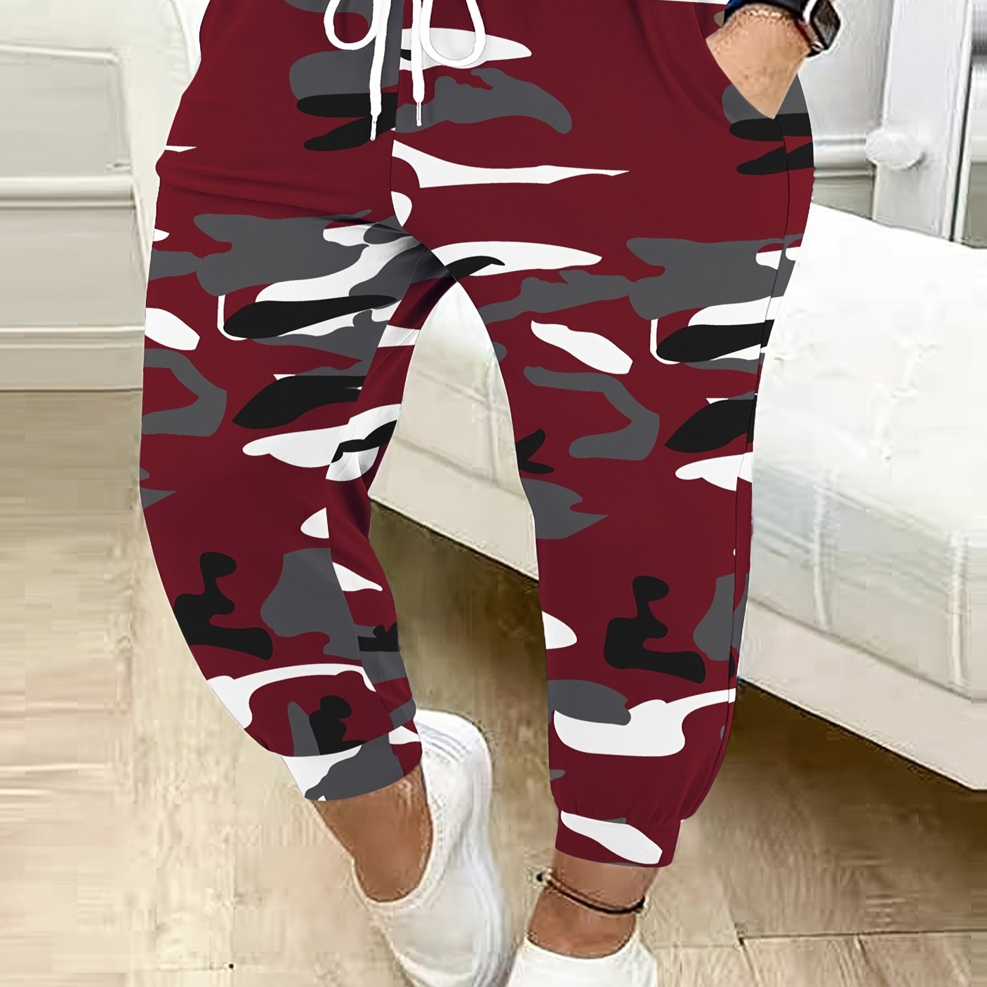 Women's Plus Size Camo Joggers Casual Drawstring Harem Pants Maroon Gray Black