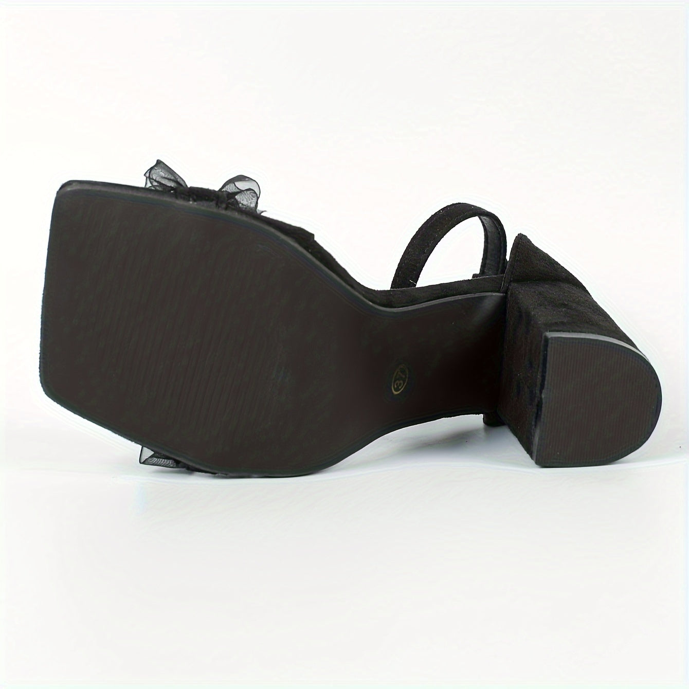 Women's Black Velvet Square Toe Chunky Heel Sandals with Ankle Strap