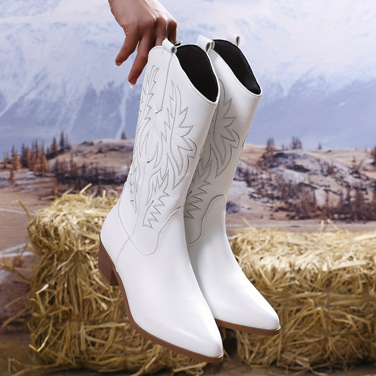 Women's Western Style Mid-Calf Boots with Baroque Embroidery Light Color