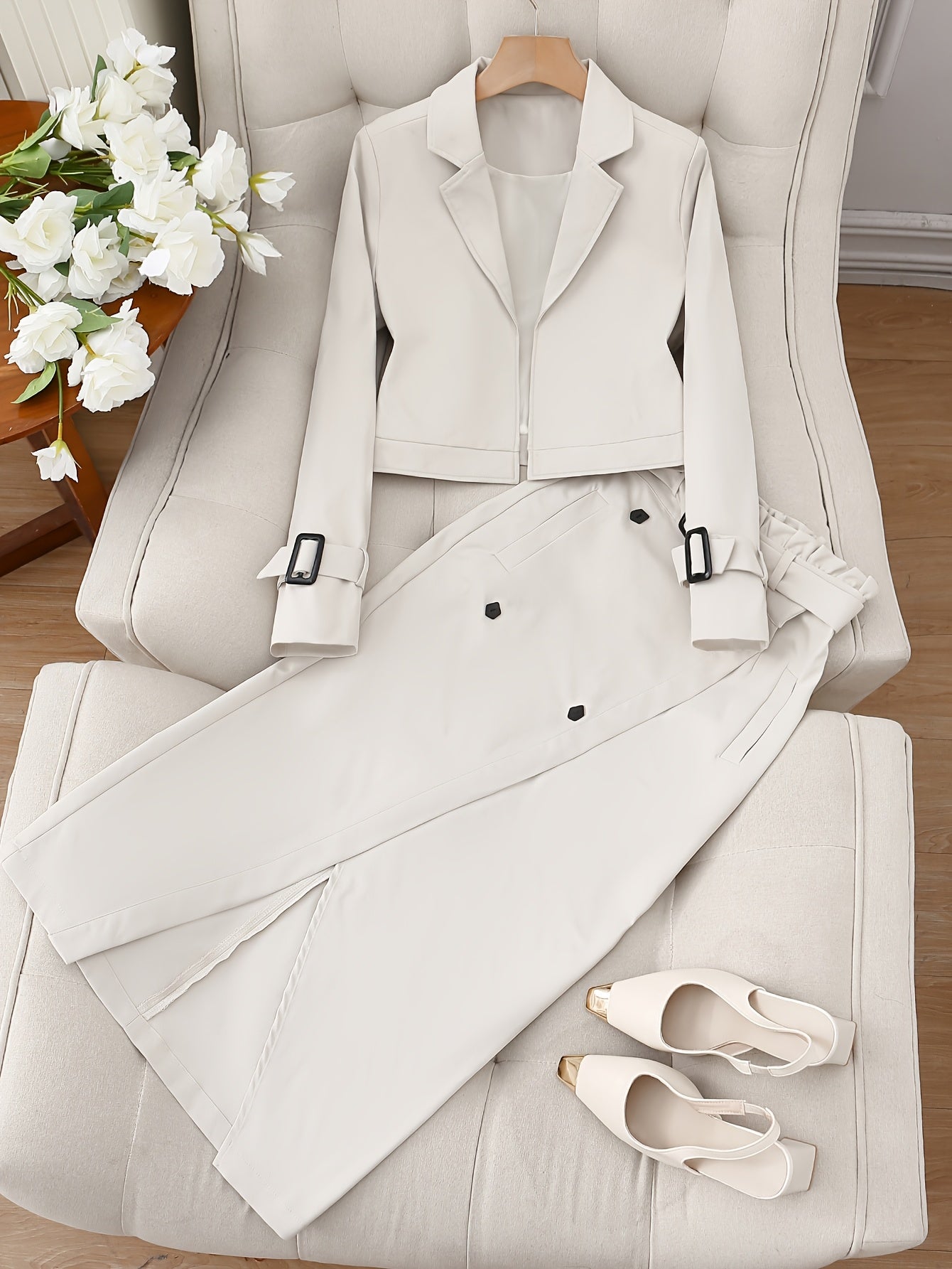 Conjunto de ropa de trabajo para mujer con chaqueta de manga larga y falda con abertura en poliéster