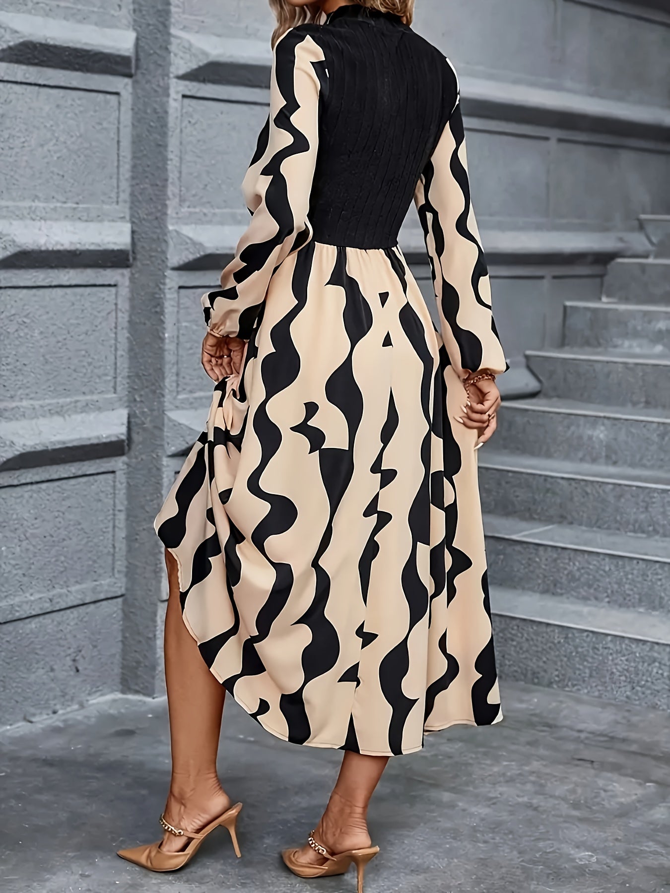 Women's Ribbed Printed A-Line Dress with Contrast Color Details for Fall Winter