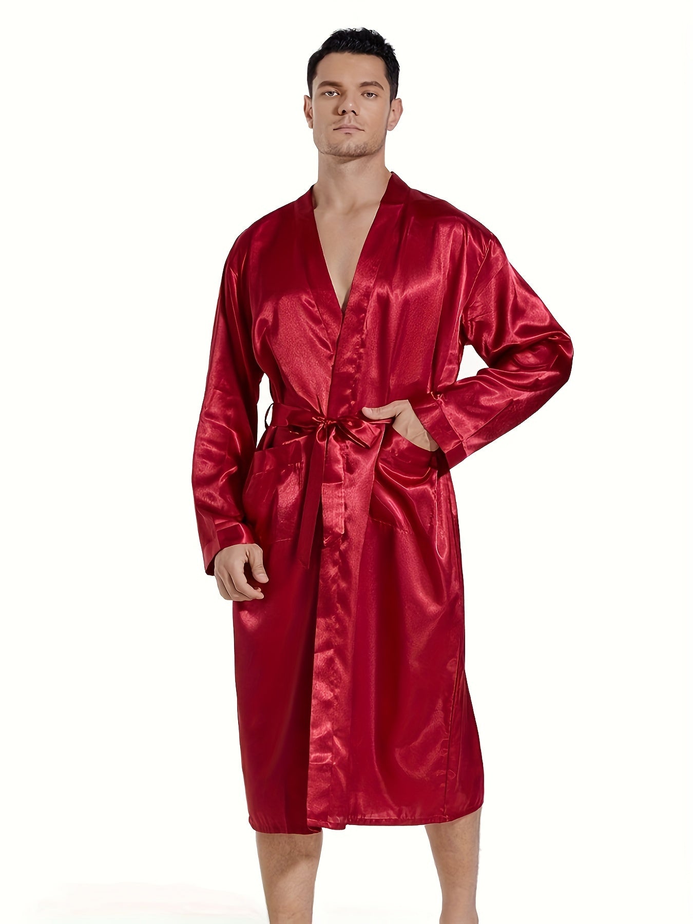 Men's Printed Robe with Long Sleeves V-Neck Kimono Style Pajama Lounge Wear